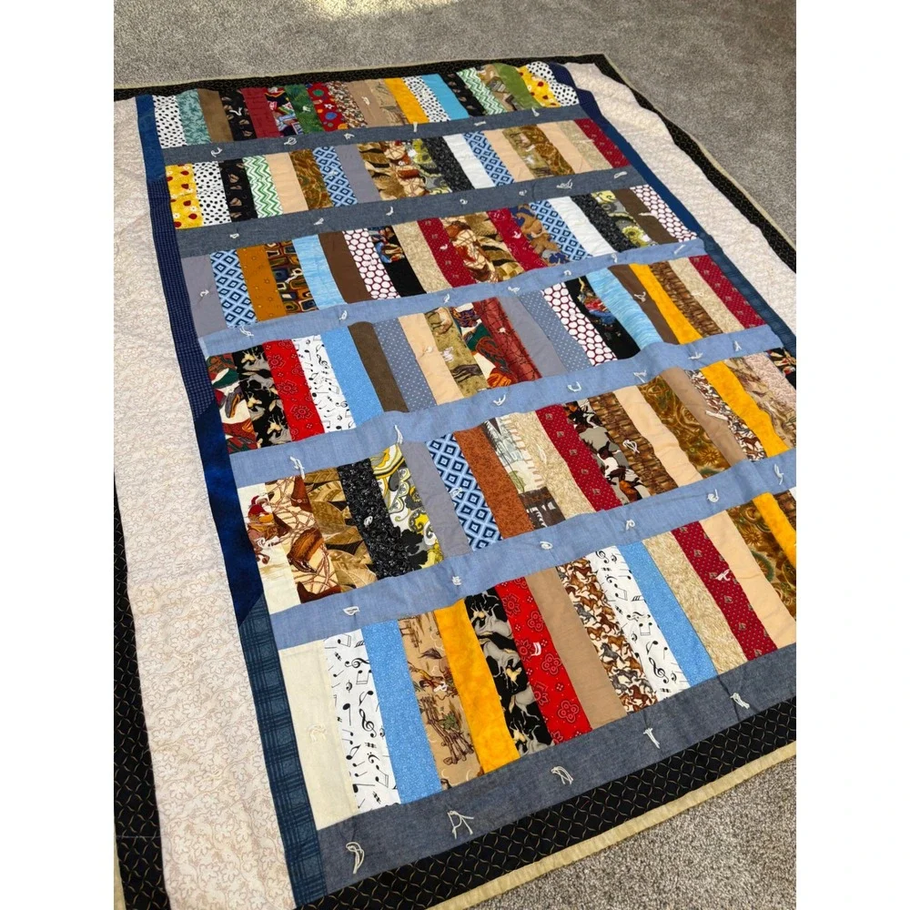 Handmade Patchwork Scrap Quilt Novelty Horse‎ Music Cowboy Denim Look 53x62